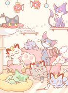 amount:multiple atmosphere:cat-tower atmosphere:home body-type:feral body-type:semi-anthro grouping:cat-pokemon series:pokemon species:alolan-meowth species:espurr species:galarian-meowth species:glameow species:magikarp species:meowth species:purrloin species:skitty species:sprigatito style:playful // 600x822 // 314KB