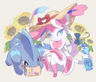 amount:pair atmosphere:farm atmosphere:field body-type:feral crazy-straw drink hat marble-soda nomming series:eeveelutions series:pokemon species:gible species:sylveon straw_hat style:kawaii sunflower // 1159x991 // 144KB