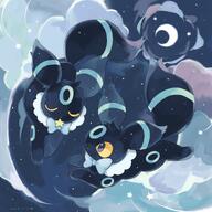 amount:pair atmosphere:clouds atmosphere:night atmosphere:space atmosphere:stary body-type:feral moon series:eeveelutions series:pokemon species:umbreon style:circle-sparkles wearing-bow // 2000x2000 // 312KB