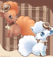 amount:pair atmosphere:cafe body-type:feral chocolate hat species:alolan-vulpix species:vulpix style:contrasting-colors style:kawaii style:striped-background // 1300x1400 // 169KB