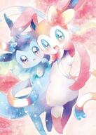 :d blue-eyes blush bow fang happy looking-at-viewer open-mouth series:pokemon species:sylveon species:vaporeon tears // 731x1024 // 141KB