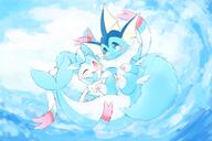 affection amount:pair atmosphere:beach atmosphere:sunlight body-type:feral cuddling series:eeveelutions series:pokemon species:sylveon species:vaporeon // 3000x2000 // 2.5MB