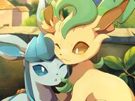 affection amount:pair atmosphere:sunlight atmosphere:town body-type:feral cuddling series:eeveelutions series:pokemon species:glaceon species:leafeon // 1715x1284 // 221KB