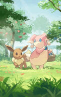 amount:pair atmosphere:farm atmosphere:field atmosphere:sunlight body-type:feral body-type:semi-anthro body-type:slightly-chubby oran-berry pokemon-berries series:pokemon species:audino species:eevee // 1492x2357 // 790KB