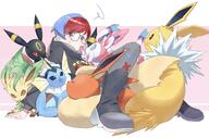 amount:multiple annoyed body-type:humanoid glasses nerdy series:eeveelutions series:pokemon species:flareon species:human species:jolteon species:leafeon species:sylveon species:umbreon species:vaporeon style:abstract-background style:kawaii // 1964x1295 // 270KB