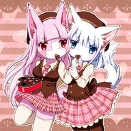 amount:pair atmosphere:frilly-background atmosphere:valentines-day body-type:anthro chocolate chocolatier feeding hall-of-fame:bronze hall-of-fame:silver long-hair outfit schoolgirl-outfit skirt species:fox style:girly style:kawaii style:kemono style:outline thigh-highs // 900x900 // 1.1MB