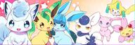 amount:multiple artist:kemoribon body-type:feral body-type:semi-anthro hall-of-fame:bronze series:eeveelutions series:pokemon species:alolan-vulpix species:cherrim species:glaceon species:jirachi species:leafeon species:meowstic species:mew style:chromatic-aberration style:kawaii style:playful // 1500x500 // 850KB