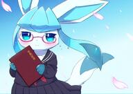 amount:solo atmosphere:petals body-type:semi-anthro body-type:slightly-chubby book glasses nerdy outfit schoolgirl-outfit series:eeveelutions series:pokemon species:glaceon style:kawaii style:kemono style:noisy // 3500x2475 // 13MB