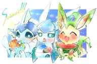 amount:multiple amount:solo atmosphere:beach atmosphere:sunlight body-type:feral drink eating hall-of-fame:bronze hall-of-fame:silver ice-cream series:eeveelutions series:pokemon species:glaceon species:leafeon species:vaporeon style:outline style:watercolor // 1500x1000 // 267KB