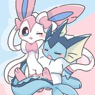 affection amount:pair body-type:feral cuddling series:eeveelutions series:pokemon species:sylveon species:vaporeon style:detailed-pattern style:opposite-background style:pastel-colors style:playful style:split-background // 2048x2048 // 336KB