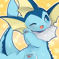 amount:solo body-type:feral body-type:slightly-chubby series:eeveelutions series:pokemon species:vaporeon style:abstract-background style:kawaii style:outline style:playful style:very-kawaii wink // 1280x1280 // 449KB