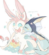 affection amount:pair body-type:feral flower hugging series:eeveelutions series:pokemon species:sylveon species:vaporeon // 1321x1472 // 684KB
