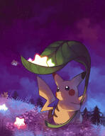 amount:multiple atmosphere:hills atmosphere:night atmosphere:stary body-type:semi-anthro hall-of-fame:bronze hall-of-fame:silver solo-focus species:jirachi species:pikachu style:glow style:painted // 1545x2000 // 453KB