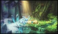 affection amount:solo atmosphere:forest atmosphere:snowy body-type:feral cuddling series:eeveelutions series:pokemon sleeping species:glaceon species:leafeon style:environment-clash style:noisy // 1500x883 // 314KB