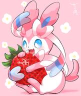 amount:solo body-type:feral body-type:semi-anthro eating food fruit series:eeveelutions series:pokemon species:sylveon stawberry style:girly style:one-color style:pink // 1733x2048 // 244KB