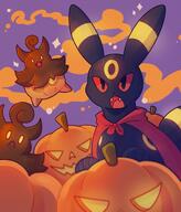 amount:multiple atmosphere:halloween atmosphere:spooky body-type:blob body-type:feral cloak pumpkin series:eeveelutions series:pokemon species:pumpkaboo species:umbreon style:glow style:intentional-blur // 1792x2096 // 368KB