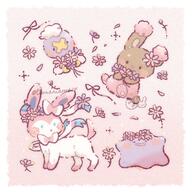 amount:multiple atmosphere:flowers body-type:feral flower series:eeveelutions series:pokemon species:buneary species:ditto species:drifloon species:sylveon style:chibi style:playful style:watercolor // 1641x1641 // 308KB