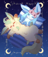 affection amount:pair atmosphere:fantasy atmosphere:night atmosphere:stary body-type:feral cuddling fluffified series:eeveelutions series:pokemon sleeping species:glaceon species:leafeon style:dim // 1681x2000 // 493KB