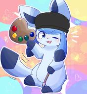 :3 amount:solo black-headwear blue-eyes blue-fur blue-hair blush body-type:feral cabbie-hat full-body hand-up happy hat heart holding looking-at-viewer multicolored-background notice-lines one-eye-closed open-mouth paint-splatter paintbrush series:eeveelutions series:pokemon sitting species:glaceon style:outline tail white-outline // 857x933 // 977KB