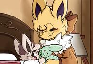 amount:pair atmosphere:bedroom body-type:anthro forehead-gem glasses nerdy plush series:eeveelutions series:pokemon species:eevee species:espeon species:jolteon species:shiny-pokemon // 1160x798 // 1.0MB