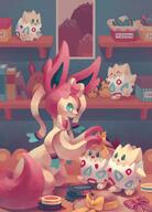 amount:multiple atmosphere:fashion atmosphere:home body-type:blob body-type:feral hall-of-fame:bronze hat series:eeveelutions series:pokemon species:sylveon species:togepi style:lineless style:painted // 800x1111 // 729KB
