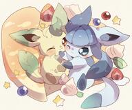 affection amount:pair amount:solo body-type:feral cuddling food fruit series:eeveelutions series:pokemon species:glaceon species:leafeon strawberry style:chibi style:kawaii style:playful sweets // 1232x1027 // 148KB