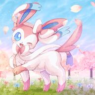 amount:solo atmosphere:forest atmosphere:sakura body-type:feral flower hall-of-fame:bronze hall-of-fame:silver happy series:eeveelutions series:pokemon species:sylveon style:intentional-blur style:watercolor wink // 2048x2048 // 3.8MB