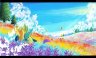 amount:pair atmosphere:field atmosphere:flowers atmosphere:hills atmosphere:sunlight body-type:feral romance series:eeveelutions series:pokemon species:glaceon species:leafeon style:sunrays // 1507x914 // 504KB
