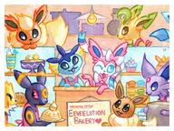 amount:multiple atmosphere:bakery atmosphere:restaurant body-type:semi-anthro food forehead-gem grouping:all-eeveelutions series:eeveelutions series:pokemon species:eevee species:espeon species:flareon species:glaceon species:jolteon species:leafeon species:sylveon species:umbreon species:vaporeon // 3877x2907 // 3.1MB