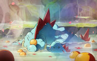 amount:multiple atmosphere:hot-springs body-type:feral orange-(fruit) sleeping species:feraligator species:totodile // 540x340 // 60KB