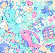 amount:multiple atmosphere:undersea body-type:feral grouping:water-types species:clamperl species:gorebyss species:huntail species:kingdra species:luvdisc species:shiny-pokemon species:spheal species:whiscash style:girly style:pastel-colors style:watercolor // 540x515 // 148KB