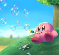 amount:solo atmosphere:bubbles atmosphere:field body-type:blob bubbleblower character:kirby series:kirby species:unknown style:intentional-blur // 1200x1120 // 100KB