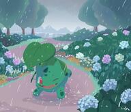 amount:solo atmosphere:flowers atmosphere:rain atmosphere:town body-type:feral excited flower plants species:bulbasaur // 1874x1600 // 278KB