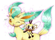 amount:pair body-type:feral body-type:semi-anthro riding series:eeveelutions series:pokemon species:leafeon species:ribombee style:outline style:watercolor // 1000x733 // 139KB