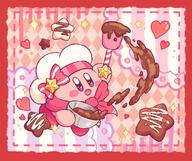 amount:solo atmosphere:frilly-background body-type:blob character:kirby chocolate food series:kirby species:unknown style:detailed-pattern style:dithering style:girly style:pastel-colors style:playful sweets wearing-bow // 1404x1178 // 1.0MB