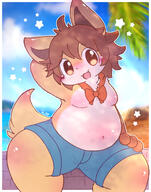 :3 amount:solo animal-ears arm-behind-head arm-up atmosphere:beach blue-shorts blue-sky blurry blurry-background blush body-type:anthro body-type:overweight border bow bowtie breasts brown-eyes brown-fur brown-hair brown-tail cloud day depth-of-field fang feet-out-of-frame hand-on-own-thigh happy head-tilt looking-at-viewer navel no-nipples ocean open-mouth outdoors outside-border palm-tree red-bow red-bowtie shorts signed_artwork sitting sky small-breasts species:fox star-(symbol) tail thick-thighs thighs tree unknown_artist white-border // 1568x2000 // 3.2MB