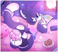 amount:solo atmosphere:home body-type:anthro body-type:semi-anthro cookies species:cat style:dithering style:kawaii style:kemono tank-top // 2000x1787 // 527KB