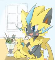 amount:solo atmosphere:home body-type:anthro eating ice-cream pocky species:zeraora style:kemono sundae // 1898x2047 // 299KB
