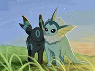 affection amount:pair atmosphere:field atmosphere:sunset body-type:feral cheek-rub pressing-same-body-part-against-each-other series:eeveelutions series:pokemon species:shiny-pokemon species:umbreon species:vaporeon style:painted // 2048x1536 // 441KB