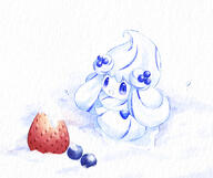 amount:solo atmosphere:snowy blueberries body-type:blob body-type:semi-anthro species:alcremie species:food-creature strawberry style:watercolor // 1650x1386 // 1.6MB