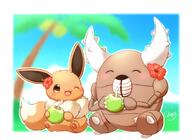 amount:pair atmosphere:beach atmosphere:sunlight body-type:feral drink feminine flower series:pokemon species:eevee species:pinsir style:girly style:intentional-blur style:kawaii style:outline wearing-flower // 1710x1248 // 181KB