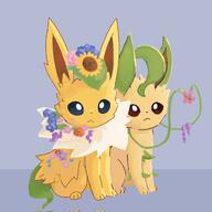 amount:pair body-type:feral feminine flower neutral-expression series:eeveelutions series:pokemon species:jolteon species:leafeon style:girly style:kawaii style:painted style:playful wearing-flower // 2048x2048 // 225KB