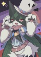 1other :3 amount:solo animal-nose belt black-fur body-fur body-type:anthro body-type:semi-anthro cape claws clothed-pokemon cowboy-shot green-fur half-closed-eyes hands-up happy hat looking-at-viewer open-mouth paws purple-background red-eyes series:pokemon species:meowscarada standing top-hat two-sided-cape two-sided-fabric two-tone-fur white-headwear // 1497x2048 // 271KB