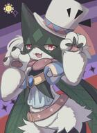 amount:solo atmosphere:stage belt body-type:anthro cat-pose hat smug species:meowscarada style:kemono style:painted visual-teasing // 1497x2048 // 288KB