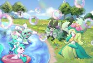 amount:multiple atmosphere:bubbles atmosphere:field atmosphere:flowers atmosphere:lake body-type:feral body-type:semi-anthro flower series:eeveelutions series:pokemon species:brionne species:lilligant species:meowscarada species:sylveon style:playful wallpaper-material // 3944x2679 // 991KB
