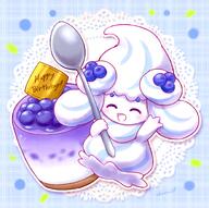 amount:solo atmosphere:cafe atmosphere:fancy blueberries body-type:semi-anthro drink species:alcremie species:food-creature style:outline style:playful // 1614x1602 // 290KB