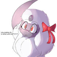 ? amount:solo blush bow constricted-pupils english-text fang female fluffy flying-sweatdrops hair-bow horns looking-up nervous nose-blush red-bow red-eyes red-ribbon ribbon series:pokemon simple-background single-horn species:absol sweat tail upper-body white-background white-fur white-hair wide-eyed // 1500x1500 // 292KB