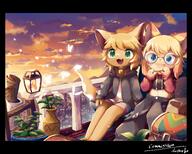 amount:pair atmosphere:city atmosphere:sunset body-type:semi-anthro butterflies casual-outfit collar crop-top eating hall-of-fame:bronze hoodie lantern map species:fox style:kemono style:painted style:very-detailed sweater // 3741x3008 // 943KB