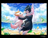 affection amount:pair atmosphere:beach atmosphere:petals body-type:semi-anthro hall-of-fame:bronze hugging species:dog species:fox style:kemono style:painted style:very-detailed // 3741x3008 // 866KB