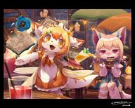 amount:pair atmosphere:fantasy atmosphere:night atmosphere:restaurant atmosphere:studious body-type:semi-anthro book cup dress drink freckles hall-of-fame:bronze juice maid outfit species:cat species:fox style:glow style:intentional-blur style:kemono style:painted style:very-detailed tagme telekinesis // 3741x3008 // 945KB
